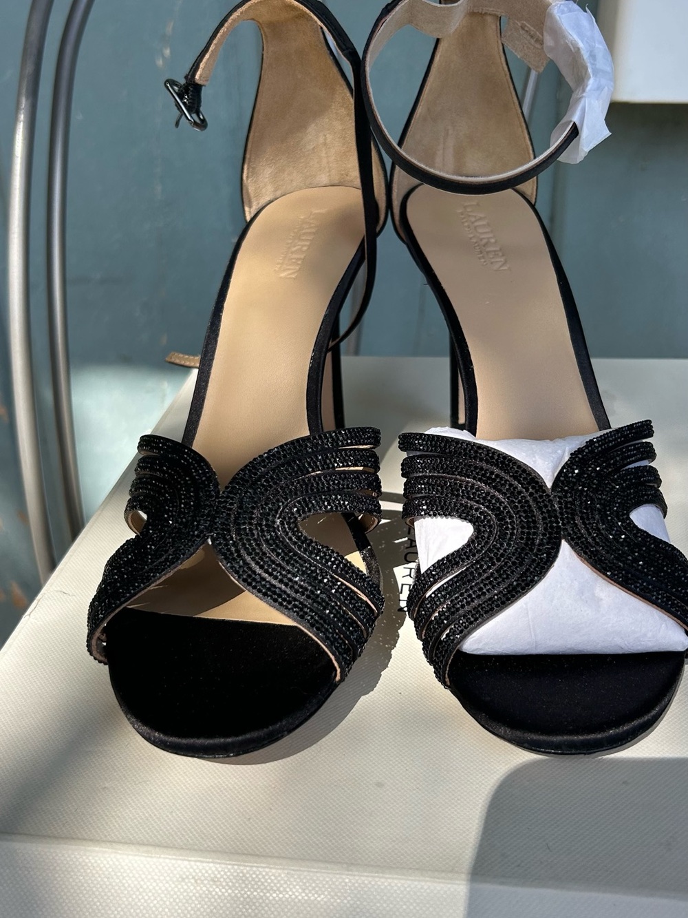 Lauren Ralph Lauren Black Rhinestone Ankle Strap Heels Women’s 9B New in box